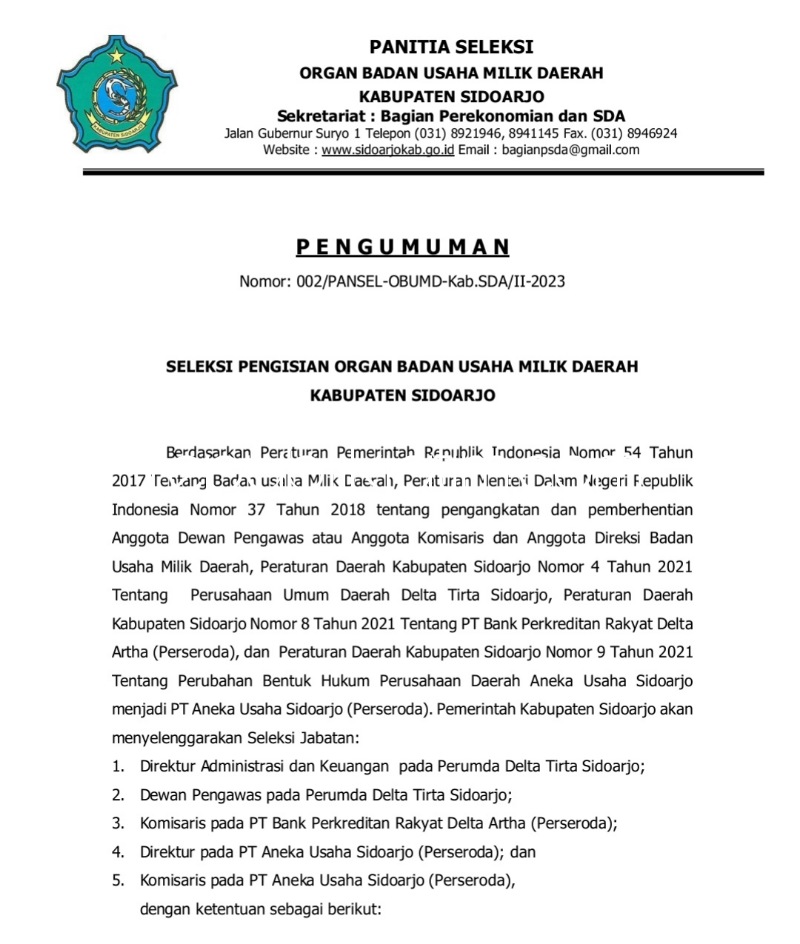 LOWONGAN - Pengumuman penerimaan lima jabatan BUMD di lingkungan Pemkab Sidoarjo yang mengalami kekosongan dilelang untuk umum pendaftarannya, Senin (27/02/2023).