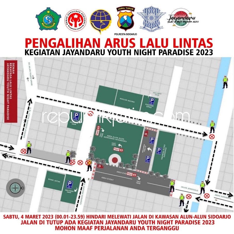 REKAYASA - Inilah rekayasa pengalihan arus lalu lintas menuju Alun-Alun Sidoarjo saat acara Jayandaru Youth Night Paradise, Sabtu (04/03/2023) malam.