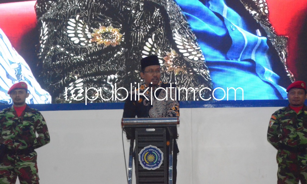 MUSYDA - Bupati Sidoarjo Ahmad Muhdlor Ali saat sambutan pembukaan Musyawarah Daerah (Musyda) Pimpinan Daerah Muhammadiyah (PDM) di Auditorium KH Ahmad Dahlan, Universitas Muhammadiyah Sidoarjo (Umsida), Minggu (05/03/2023). 