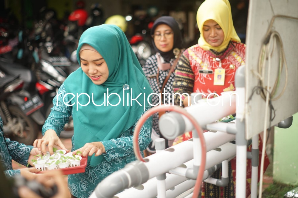 TANAM - Istri Bupati Sidoarjo, Ny Sa'adah Ahmad Muhdlor menanam bibit sayuran di lahan kosong yang ada di sekitar kantor Kecamatan Gedangan, Sidoarjo, Selasa (28/03/2023).