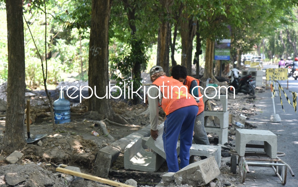 REVITALISASI - Pemkab Sidoarjo tengah merevitalisasi trotoar lingkar barat dengan mempercantik trotoar itu tepatnya mulai dari Kali Pucang hingga pintu masuk GOR Gelora Delta Sidoarjo sepanjang 1.210 meter, Senin (09/10/2023).