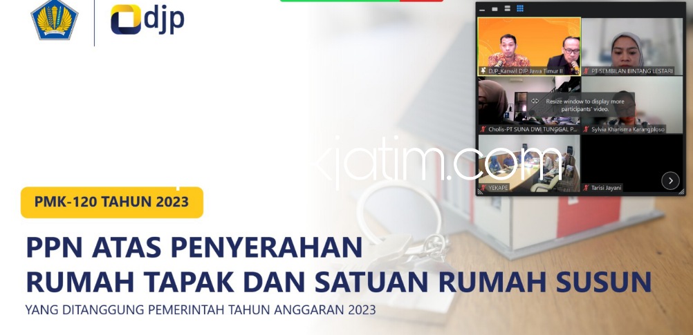 SOSIALISASI - Kanwil DJP Jatim II menggelar sosialisasi secara daring dengan Dewan Pengurus Daerah Asosiasi Pengusaha Real Estate Indonesia (DPD REI) Jatim soal intensif PPN DTP, Kamis (07/12/2023). 