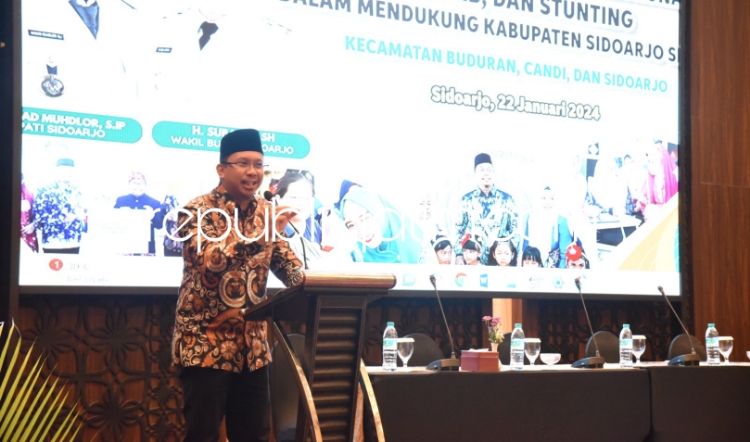 SGC - Bupati Sidoarjo Ahmad Muhdlor Ali mulai menerapkan Sidoarjo Self Governing Community (SGC) dengan mengajak ribuan kader kesehatan menjadi provokator kebaikan saat Sosialisasi Percepatan Penurunan AKI, AKB dan Stunting di Hotel Fave, Senin (22/01/202
