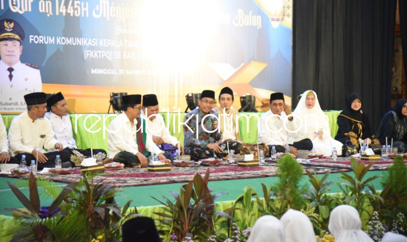 NUZULUL QURAN - Bupati Sidoarjo Ahmad Muhdlor Ali dan Pemkab Sidoarjo memfasilitasi Forum Komunikasi Kepala Taman Pendidikan Al-Quran (FKKTPQ) Sidoarjo menggelar peringatan malam Nuzulul Quran di Pendopo Delta Wibawa, Minggu (31/03/2024) malam.