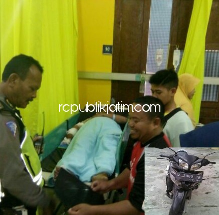 DIRAWAT - Korban kecelakaan dirawat di Rumah Sakit Bhayangkara Pusdik Gasum Porong. Insert foto motor korban yang ringsek.