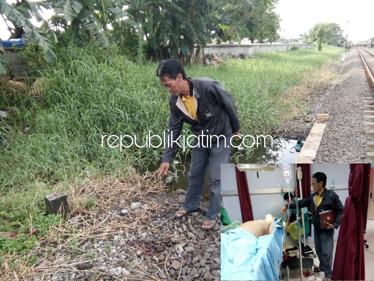 TERSEREMPET - Petugas Polsek Candi menunjukan lokasi kejadian korban, Sanjaya Wibowo saat terserempet kereta api dan korban saat menjalani peratawan tim medis di RSUD Sidoarjo, Sabtu (03/02/2018).