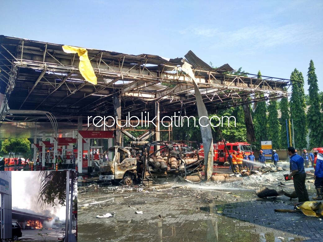 LUDES TERBAKAR - SPBU Berbek, Kecamatan Waru, Kabupaten Sidoarjo ludes terbakar seusai terdengar beberapa kali ledakan, Kamis (08/03/2018).