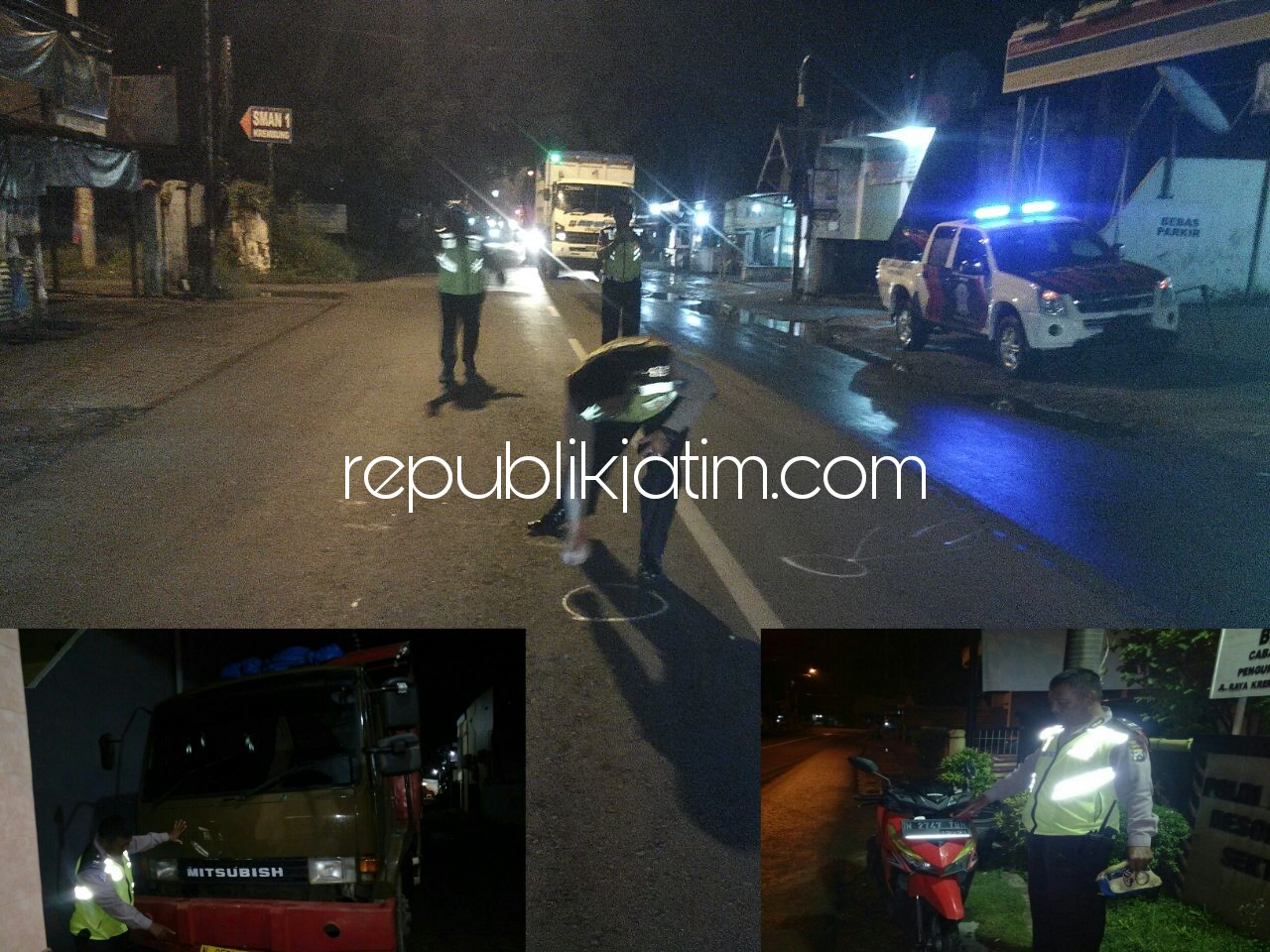 KECELAKAAN - Anggota Laka Lantas Polresta Sidoarjo dan Polsek Porong menggelar olah TKP kecelakaan truk lawan 2 motor di Desa Kandangan, Kecamatan Krembung, Sidoarjo, Kamis (08/03/2018) malam.
