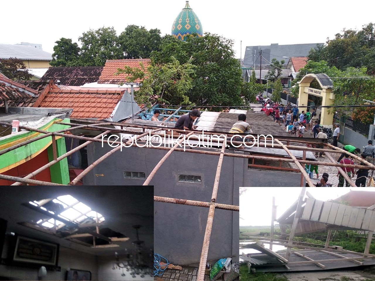 GOTONG ROYONG - Puluhan warga Desa Semambung, Kecamatan Gedangan bergotong-royong memperbaiki rumah mereka yang atapnya rusak akibat diterjang angin puting beliung, Minggu (18/03/2018) sore.