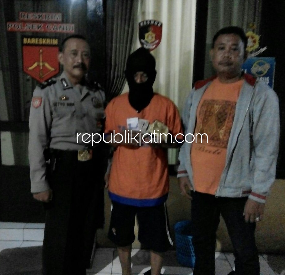 COPET - Tersangka pencurian dompet, Sujono beserta barang buktinya diamankan di Polsek Candi, Senin (18/12/2017).